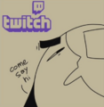 Twitch stream sketch of Moony, telling viewers to "come say hi" on Joel Guerra's stream.